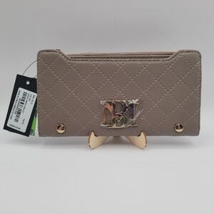 Badgley Mischka Taupe Quilted Long Cardholder Wallet Women's Bag Snap Zi…